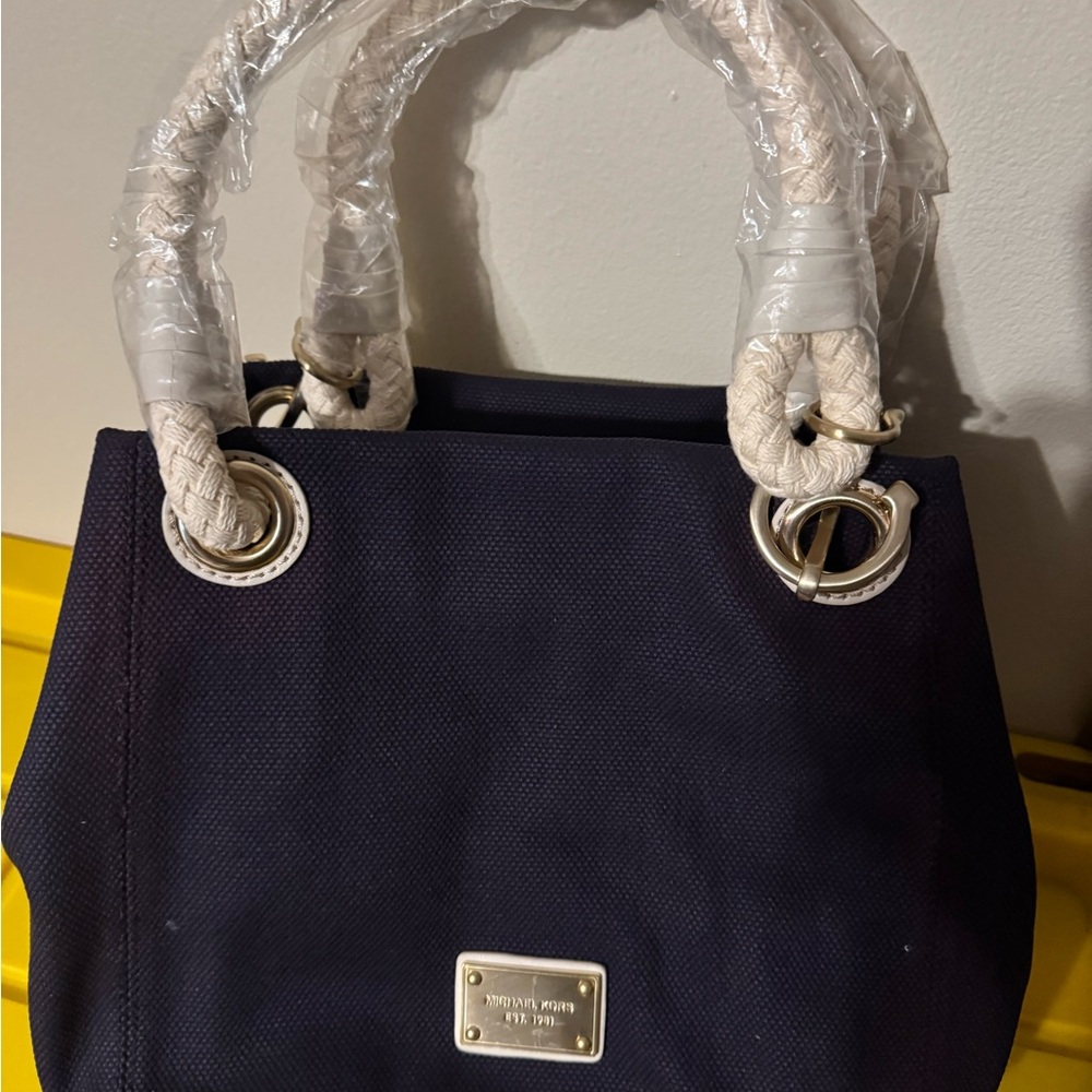 Michael Kors Navy Tote with Braided Cream Handles